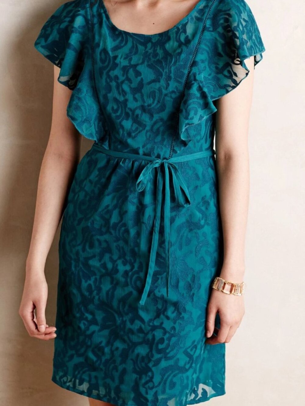 Moulinette Soeurs Women's Teal Floral Lace Flutter Sleeve Tie-Waist Dress Size 2